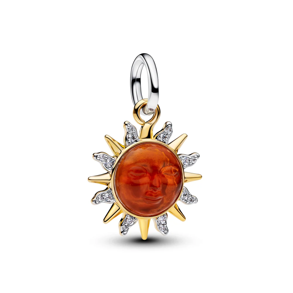 Sun sterling silver and 14k gold-plated dangle with clear cubic zirconia, white bioresin man-made mother of pearl, Murano glass and transpar